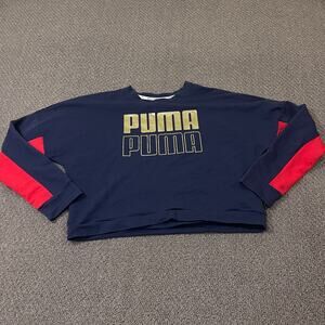 PUMA Shirt Womens Size Small S Cropped Blue Red Long Sleeve